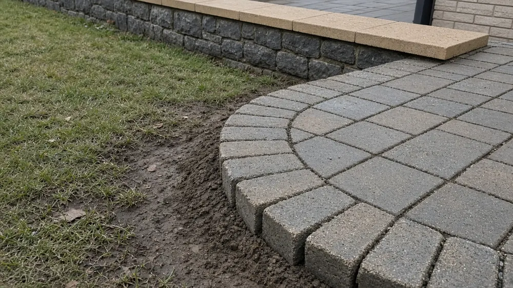 Example image: a block paving edge course beside a sloping lawn