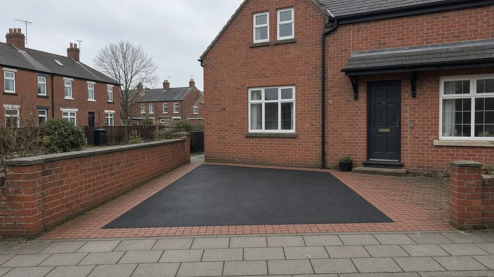 Example image: a tarmac driveway with red block border at a terraced house