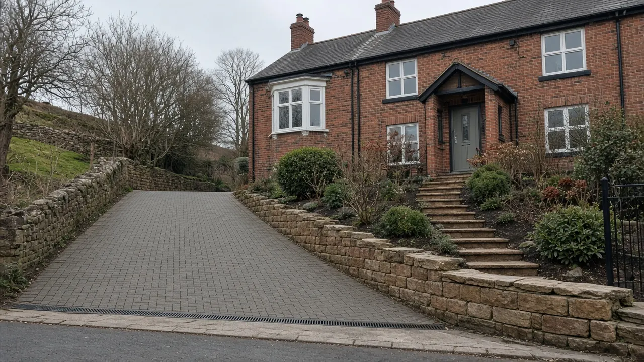 Example image: a sloping block paved drive with a stepped retaining wall