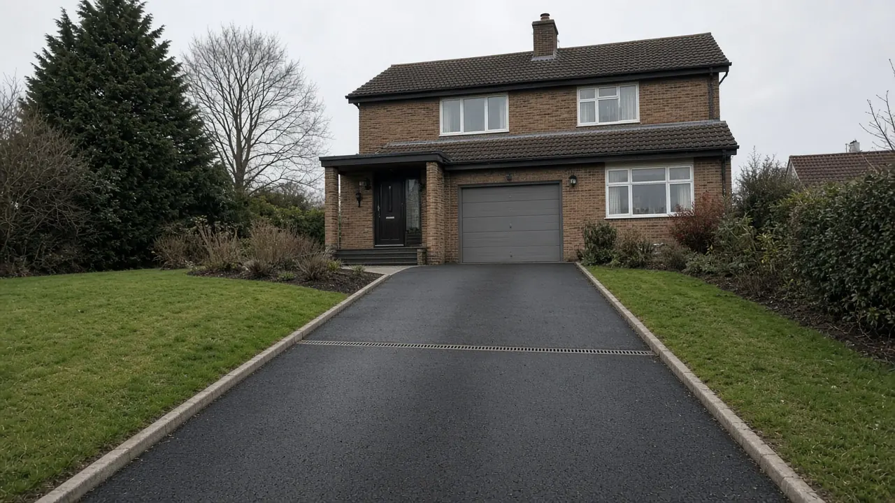 Example image: a steep tarmac driveway with kerb edging and a garage drain
